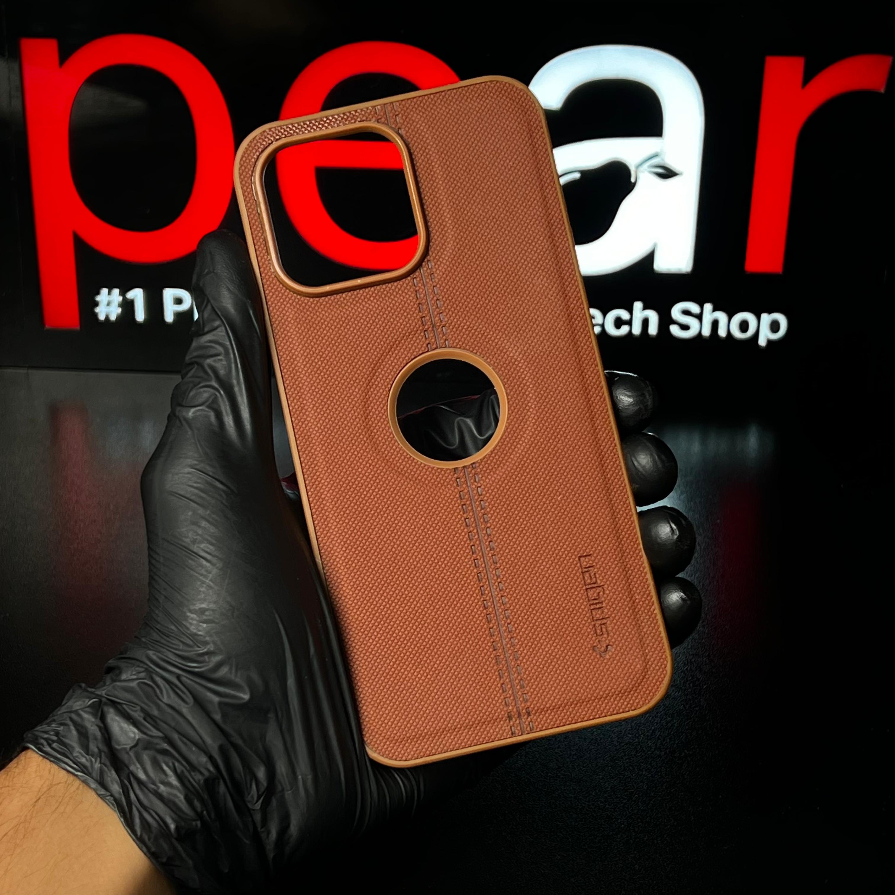 iPhone 15 Pro Max Brown Logo Cut Spigen Case (RPS)